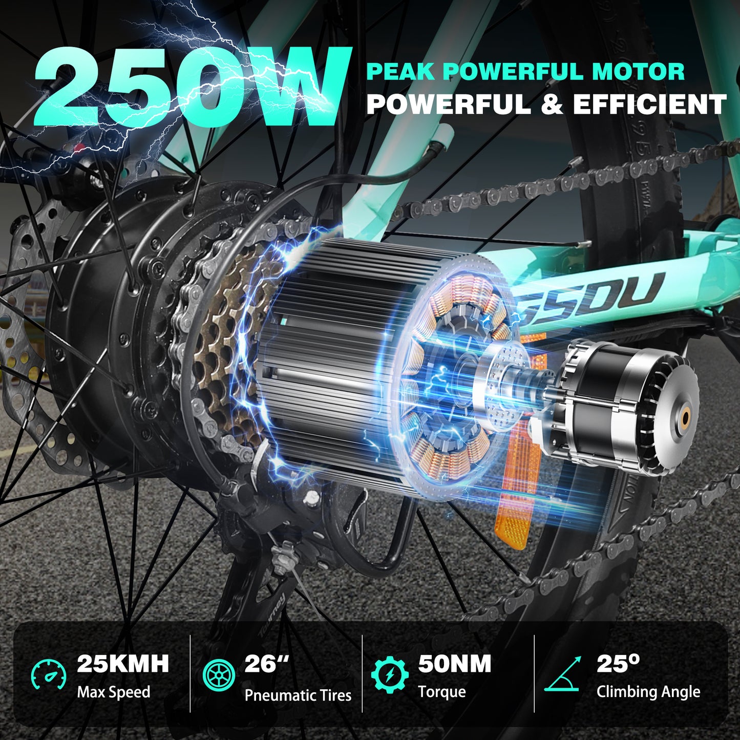 GSOU 26" Electric Mountain Bike UK | eBike Conquer Traffic & Hills | 250W Brushless Motor | 36V-8Ah Battery Range 30-50 Mile | Smart LCD | 7-Speed Gears | Dual Disc Brakes | Lockable Suspension | UK Road Legal EAPC